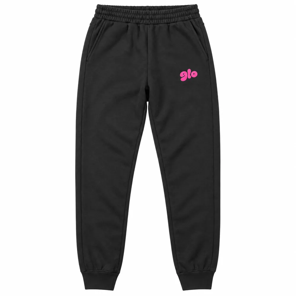 Black joggers with pink bubble GLO logo