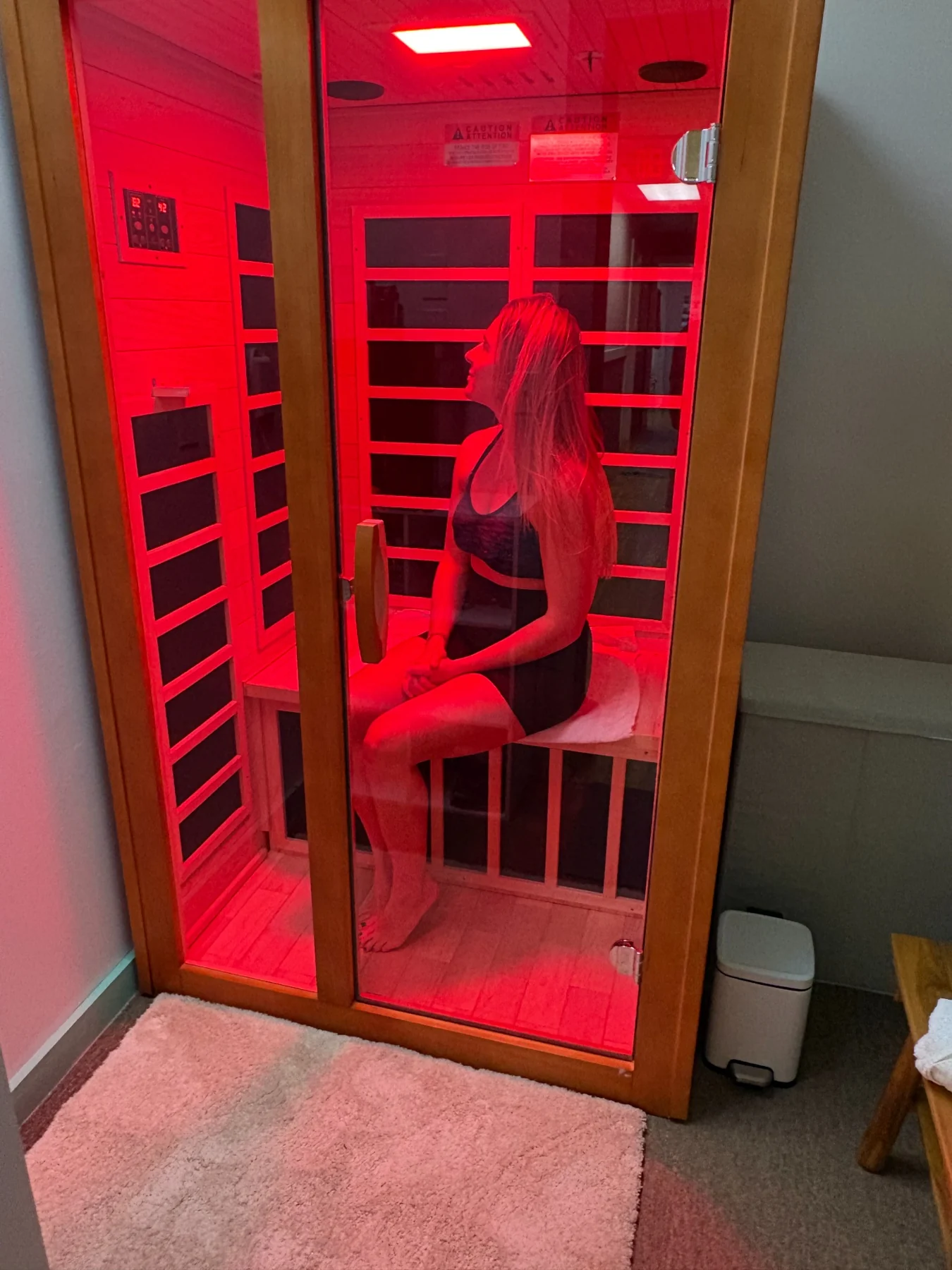 Sauna with vibrant red lighting